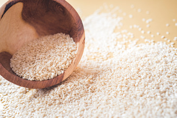 Sesame seeds isolated in bowl, top view