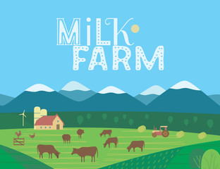 Obraz na płótnie Canvas Rural landscape with milk farm lettering flat color vector