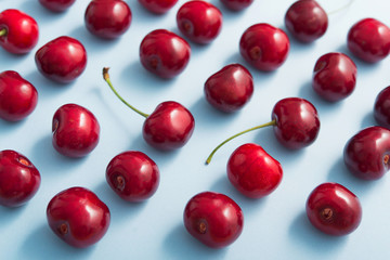 Red fresh cherries on a blue pastel color
