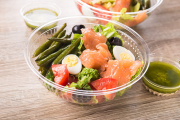 salmon, egg, tomato, asparagus salad