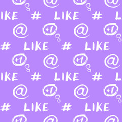 Social media seamless pattern with hand drawn symbols: hashtag, 