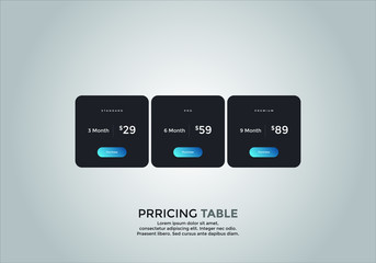 Pricing table design. vector. order, box, button, list for web. price. mobile.