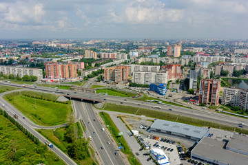 Obraz premium Aerial view of modern urban city road interchange