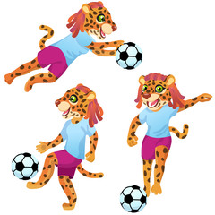 Three jaguar girls as the footballers in uniform in dynamic poses with the soccer ball © ksenashurubura