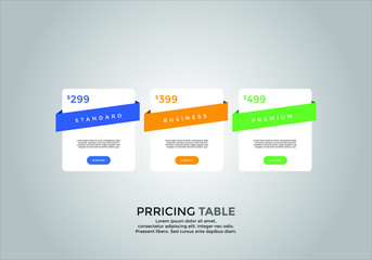 Pricing table design. vector. order, box, button, list for web. price. mobile.