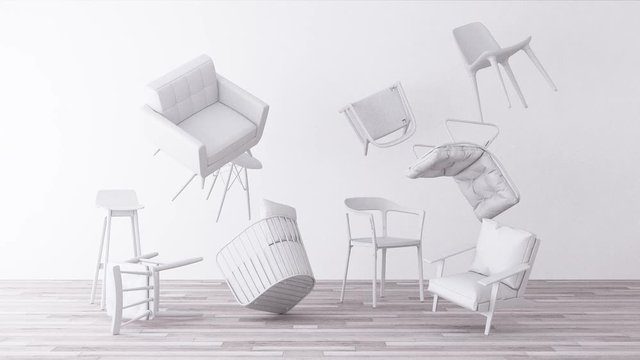 White chairs in empty white background. Concept of minimalism & installation art. 3d rendering mock up
