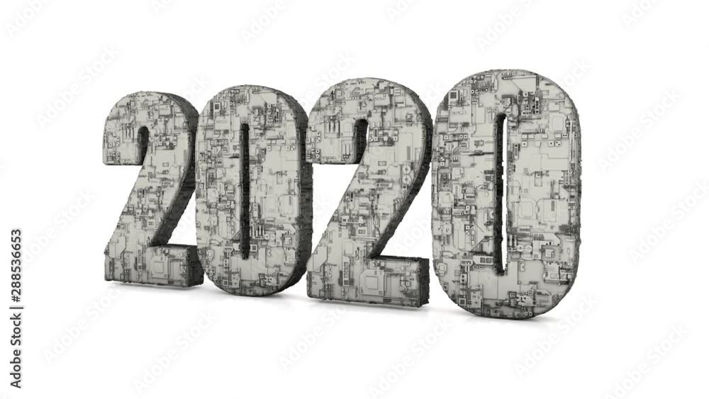 Aufkleber 3d text animation 2020 new year with technological relief.