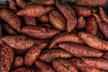 Fresh purple yams pile for sale in fresh market. Fruits organic for good health. Foods and Fruits healthy