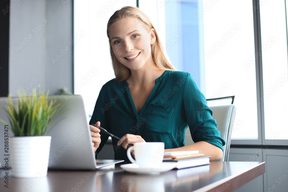 Wall mural beautiful business woman in smart casual wear working on laptop in the office