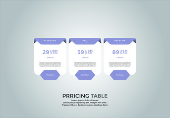 Pricing table design. vector. order, box, button, list for web. price. mobile.