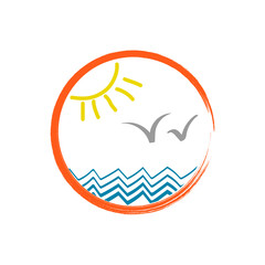 Summer icon with sun, water, btird. Blue wave. Emblem design on white background. Vector illustration.
