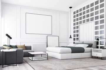 Modern luxury bedroom and living area with classic wall decorate and grey furniture. 3d render