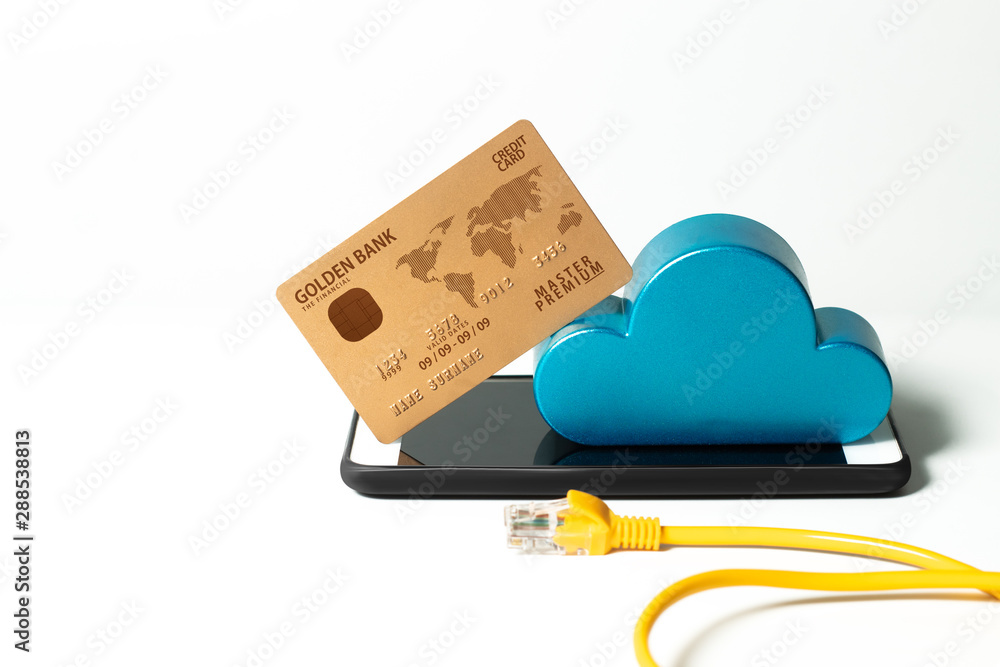 Poster smartphone and cloud storage device with yellow server internet lan port wire and set of digital cre