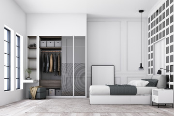 Naklejka na ściany i meble Modern luxury bedroom and walk in closet with classic wall decorate and grey furniture. 3d render