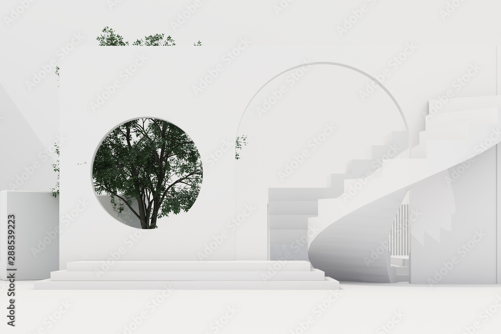 Poster geometric shape composition with stair and arch on white background. 3d rendering