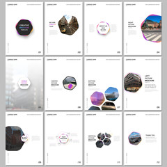 Minimal brochure templates with hexagons and hexagonal elements on white background. Covers design templates for flyer, leaflet, brochure, report, presentation, advertising, magazine.