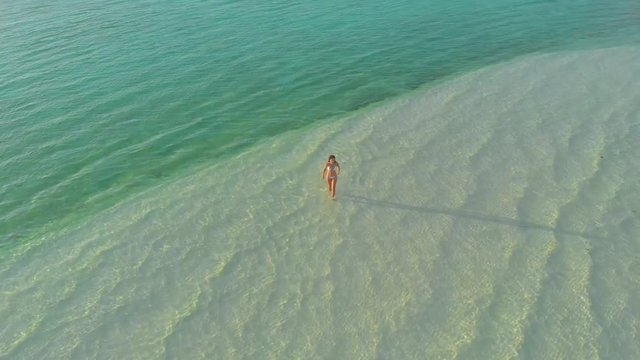  aerial view of a paradise woman alone on isolated white sandbar in Onok island in Balabac, Philippines