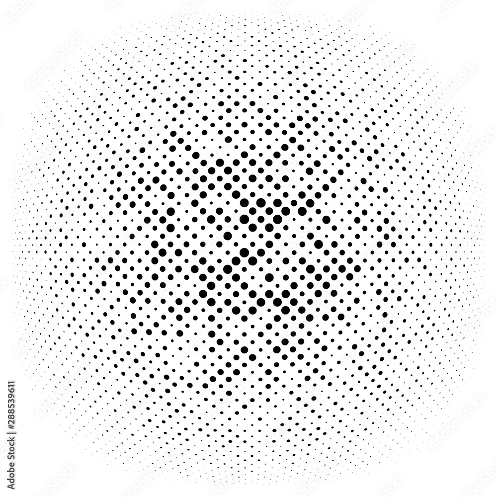 Poster half-tone dots, circles, dotted element. sphere, orb or globe distortion speckles. diffuse radial, r