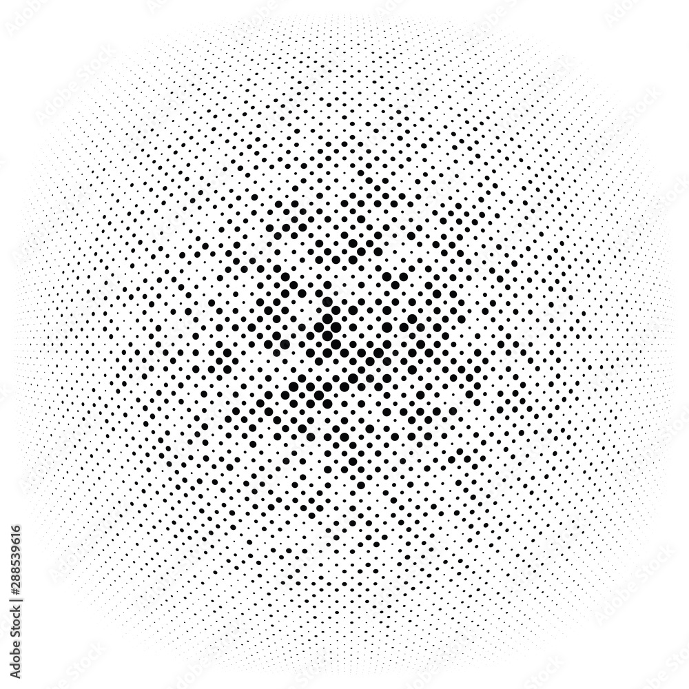 Poster half-tone dots, circles, dotted element. sphere, orb or globe distortion speckles. diffuse radial, r