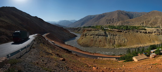 Tajikistan. Mountain river Zaravshan along the highway between Sughd region and Dushanbe.