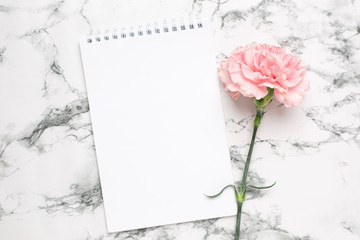 Notepad and pink carnation flower on marble background