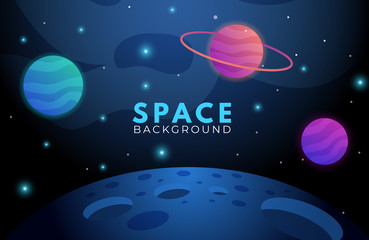Space background with abstract shape and planets on gradient color background. Background template for web design, landing page, vector illustration