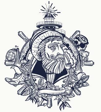 Old captain smokes a pipe. Bearded seaman portrait. Tattoo and t-shirt design. Sea wolf, lighthouse, steering wheel. Ocean adventure tattooing style