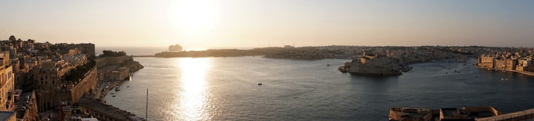 Valletta, Malta, August 2019. Panorama of sunrise over the Grand Harbor of the island`s capital.