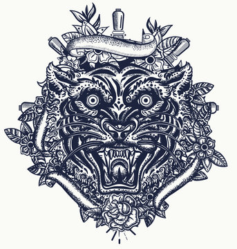 Tiger head. Aggressive wild cat. Tattoo and t-shirt design. Traditional tattooing, japan style