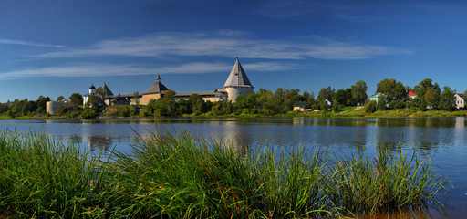 Fototapeta na wymiar Panorama of the fortress and the Volkhov river in Staraya Ladoga