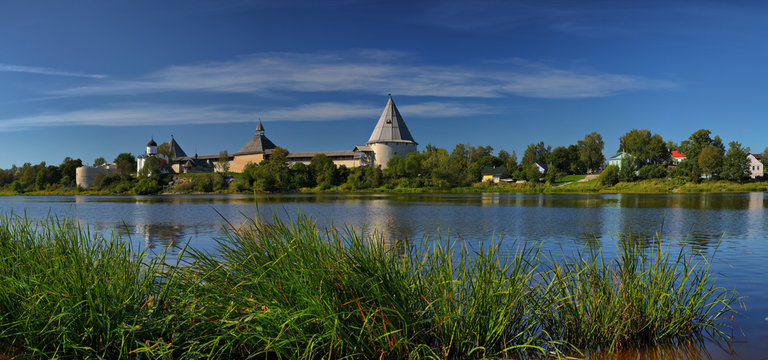 Panorama of the fortress and the Volkhov river in Staraya Ladoga