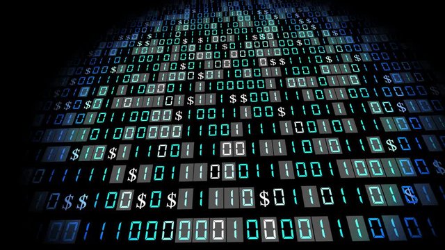 Binary code and letters running down a computer screen with added glitch and distortion effects