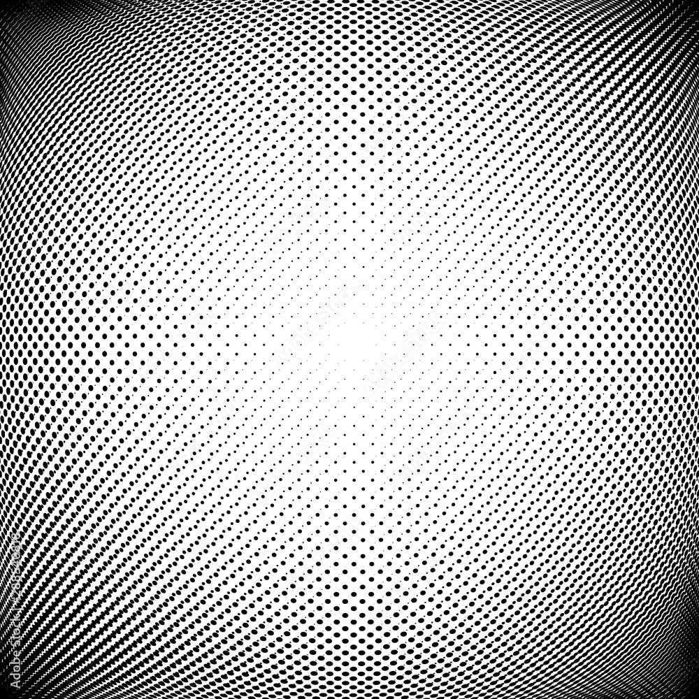 Aufkleber Half-tone dots. Dotted, circles pattern. Sphere, orb or globe distortion speckles. Diffuse radial, radiating bulge, bloat warp. Polka-dot inflate design. Abstract circles circular geometric pattern