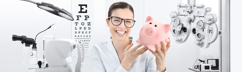 sale eye examination, woman smiling with spectacles and piggy bank isolated in optician office with...