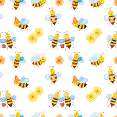 Watercolor seamless pattern with bees and flowers. Illustration