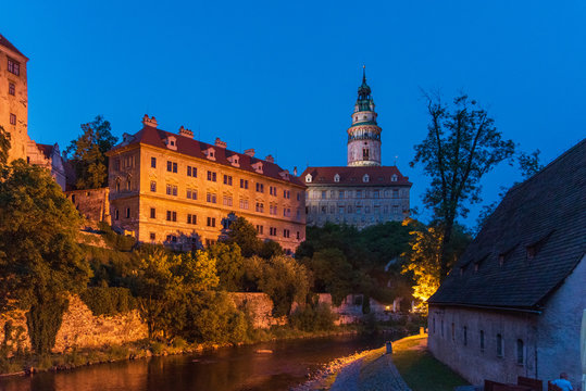 view of castle Krumlov in the evening