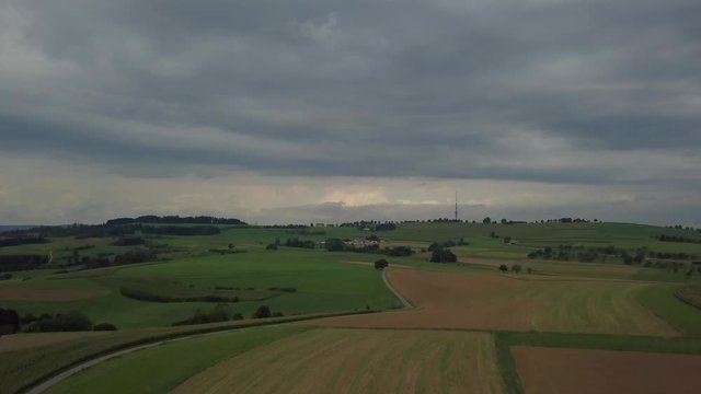 Aerial view on Witthoh tower with the long extinct volcanoes of the Hegau region near Lake Constance in Germany