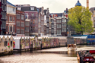 Amsterdam, Nethelands February 04, 2019 - Amsterdam world's only floating flower market since 1862 - obrazy, fototapety, plakaty