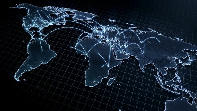 Growing global network across the world map. Internet and business concept. Connecting people all around the world. Blue version. 4K 