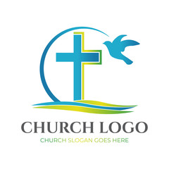 Fototapeta premium Christian Church Logo Design with Cross and Pigeon