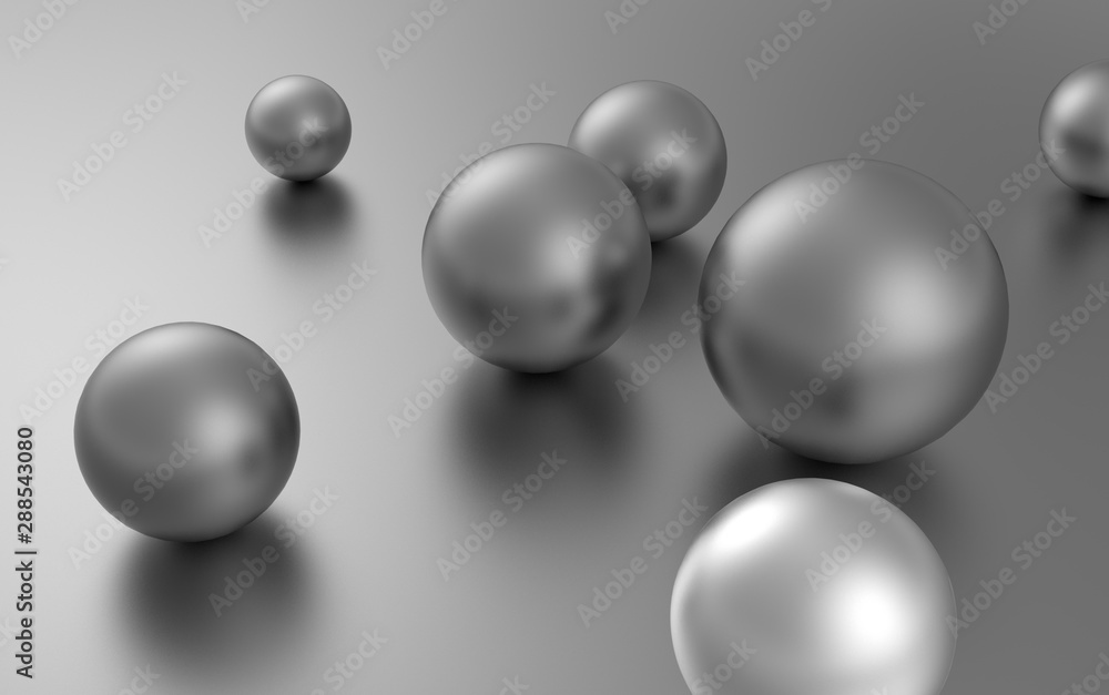Poster silver balls randomly scattered on the surface of a sphere of different sizes.