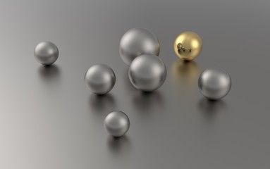 Concept Leader Sphere Of Metallic Group. Gold among silver ball. 3d Render Illustration