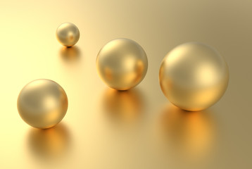 Gold sphere ball on golden background with reflection. 3D rendering.