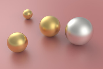 Silver sphere ball among gold sphere balls stand out from the crowd concept isolated on pink background with shadow and reflection. 3D rendering.
