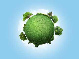 concept miniature globe showing the environment with trees and grass on sky background