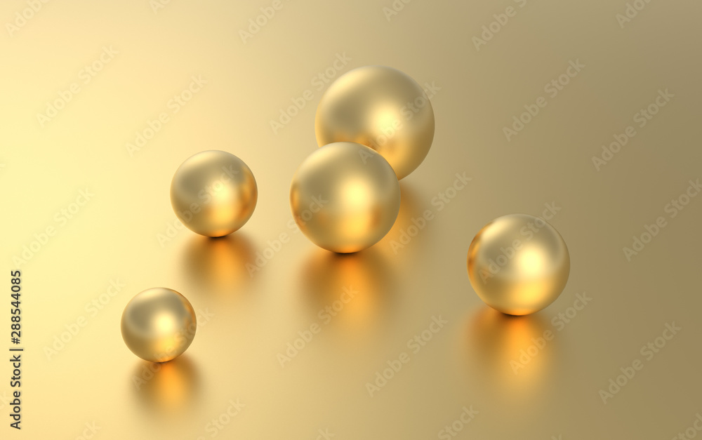 Poster Gold sphere ball on golden background with reflection. 3D rendering.