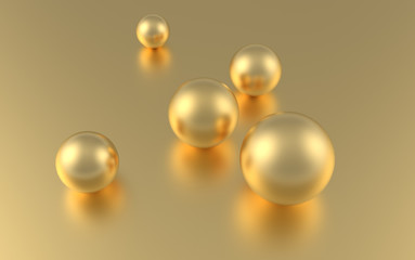 Gold sphere ball on golden background with reflection. 3D rendering.