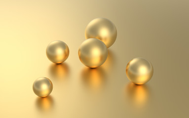 Gold sphere ball on golden background with reflection. 3D rendering.