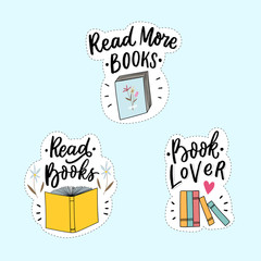 Set of stickers with books illustration and hand lettering phrase read books. Modern print with books.