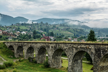 View of the old viaduct in the village of Vorokhta. Ukraine.